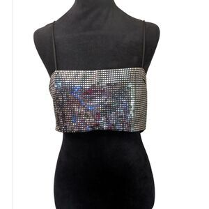 Princess Polly Black Silver Y2K Disco Crop Square Neck Sparkle Camisole Sz 10